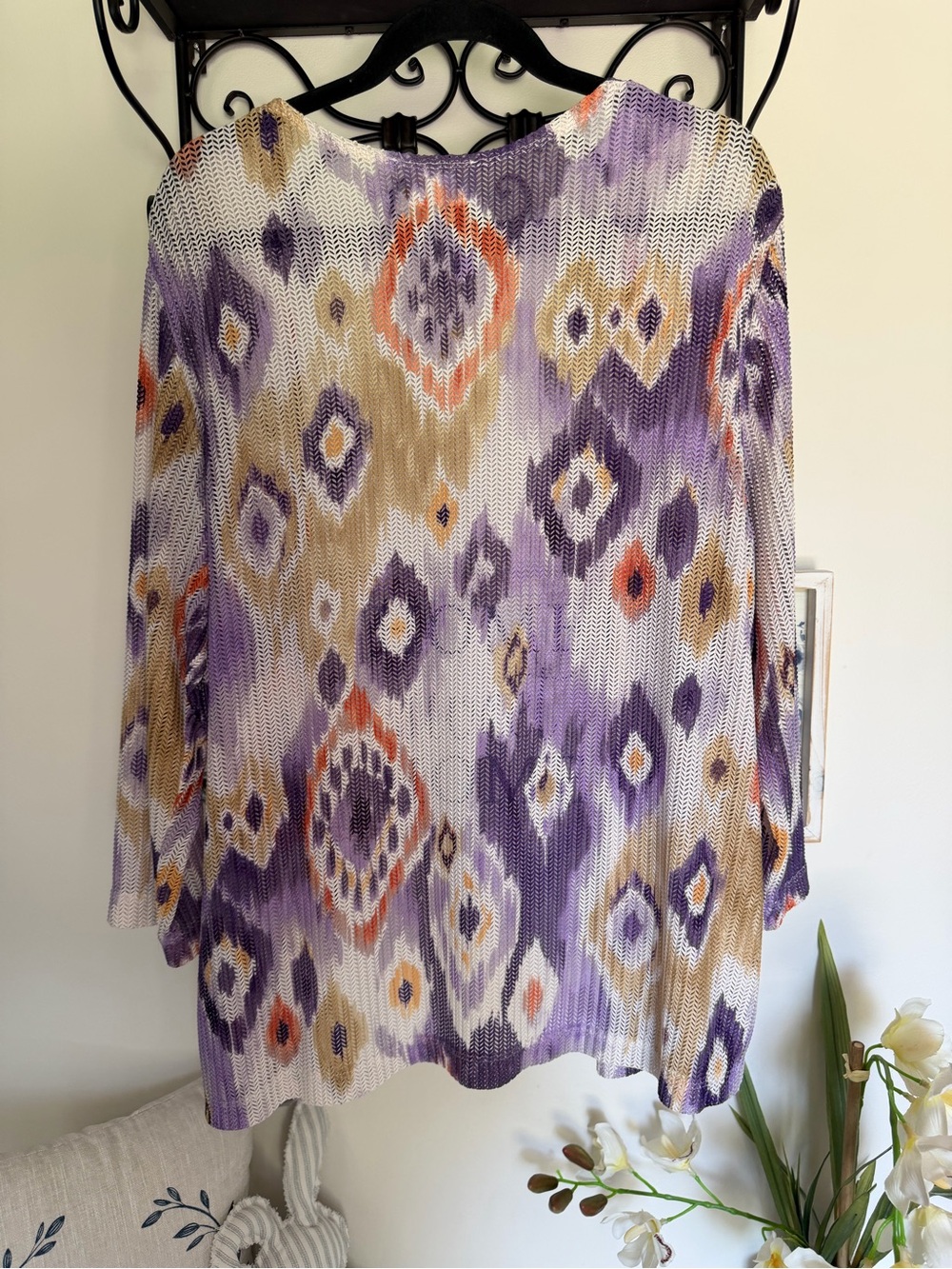 Alfred Dunner Purple and Cream Ikat Open-Front Knit Tunic - Picture 8 of 8